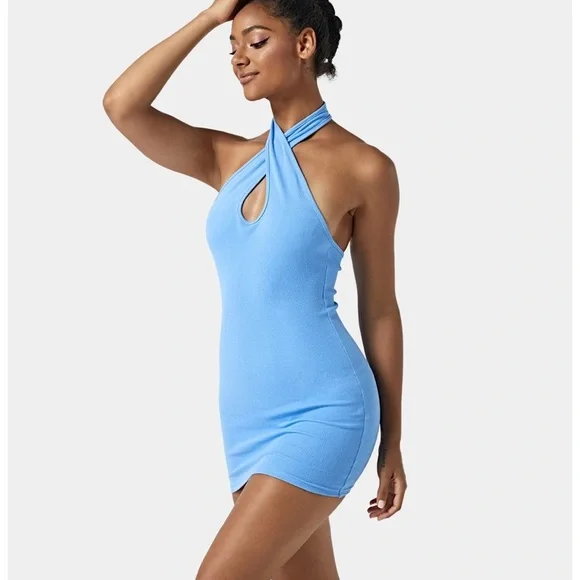 HALARA | Dresses | Halara Ribbedknit Crossover Halter Backless Bodycon Mini Dress In Maya Blue | Poshmark HALARA | Dresses | Halara Ribbedknit Crossover Halter Backless Bodycon Mini Dress In Maya Blue | Poshmark